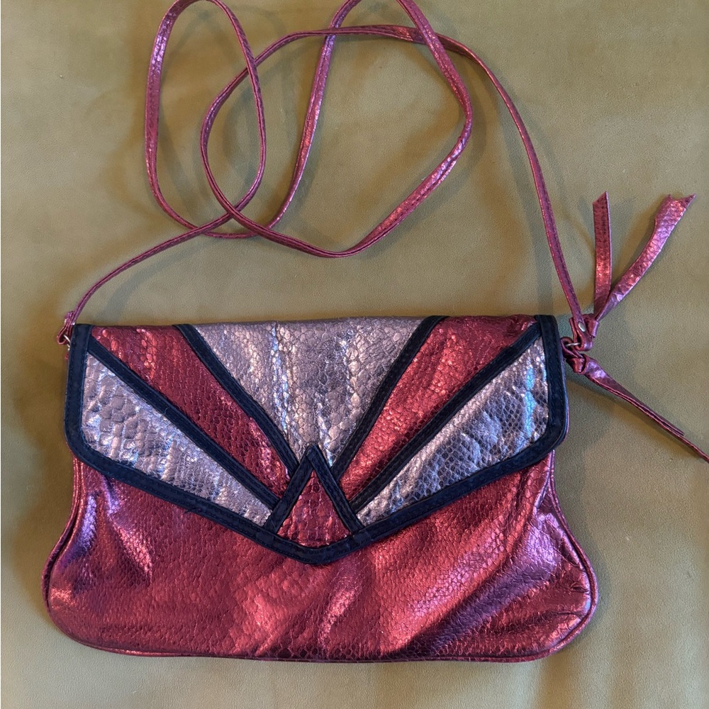 70s/80s Style Red and Silver Leather Women's Bag